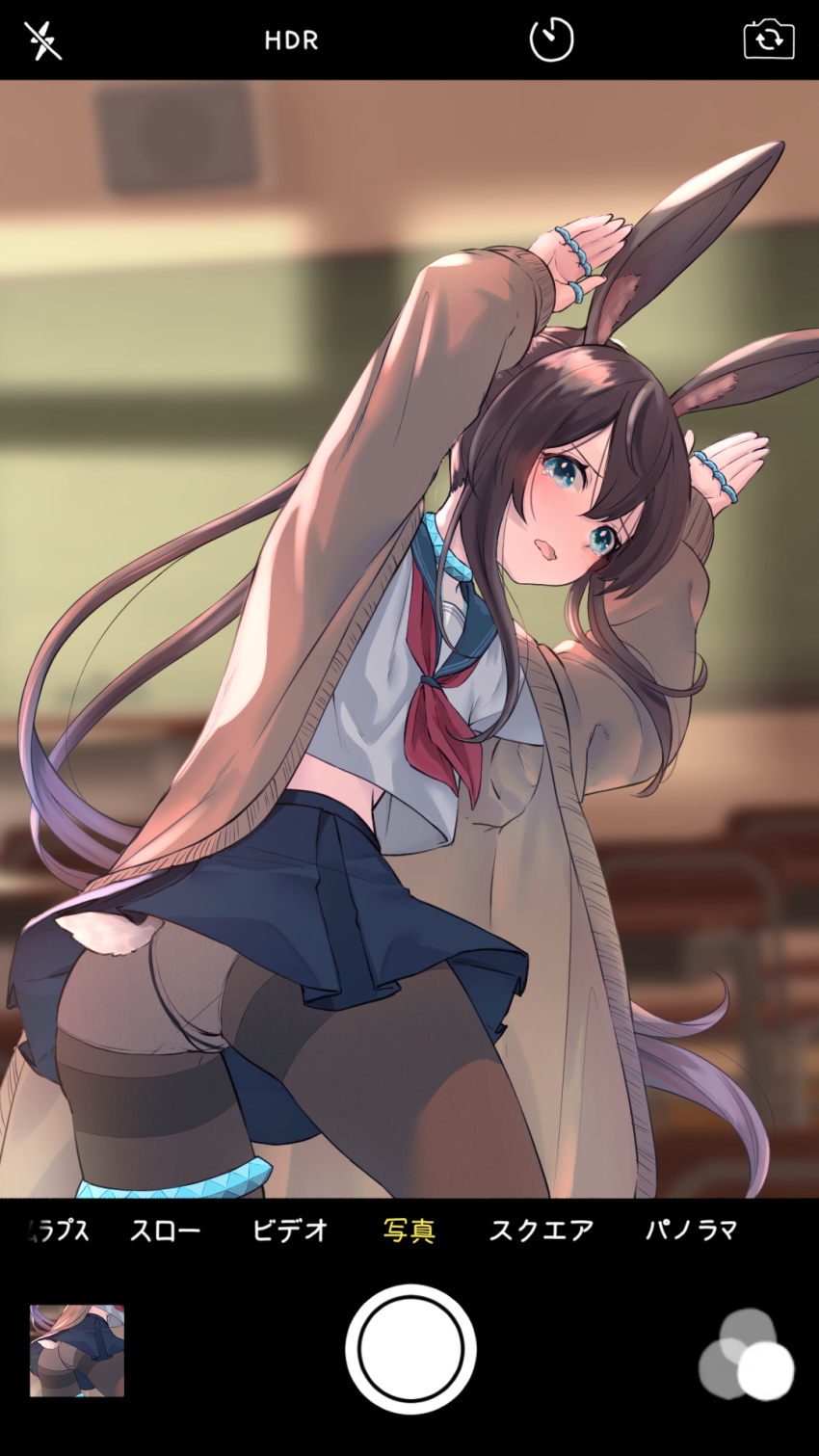 1girl amiya_(arknights) amopui animal_ears arknights ascot bangs blue_eyes blue_sailor_collar blue_skirt blurry blurry_background brown_hair brown_jacket bunny_ears bunny_pose commentary_request cowboy_shot hair_between_eyes highres jacket long_hair long_sleeves looking_at_viewer midriff_peek miniskirt open_clothes open_jacket open_mouth pantyhose phone_screen red_neckwear sailor_collar sailor_shirt school_uniform serafuku shirt skirt solo standing thighband_pantyhose thighlet thighs twisted_torso