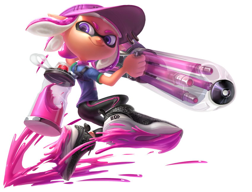 1girl arm_up ballpoint_splatling_(splatoon) black_footwear black_legwear blue_shirt closed_mouth dark_skin domino_mask english_commentary flat_chest from_side full_body hand_up happy highres holding holding_weapon ink_tank_(splatoon) inkling jumping leggings looking_back mask miitara paint pink_hair pink_headwear pointy_ears purple_eyes shiny shiny_hair shirt shoes short_hair short_sleeves simple_background smile solo splatoon_(series) splatter tentacle_hair tentacles visor_cap weapon white_background