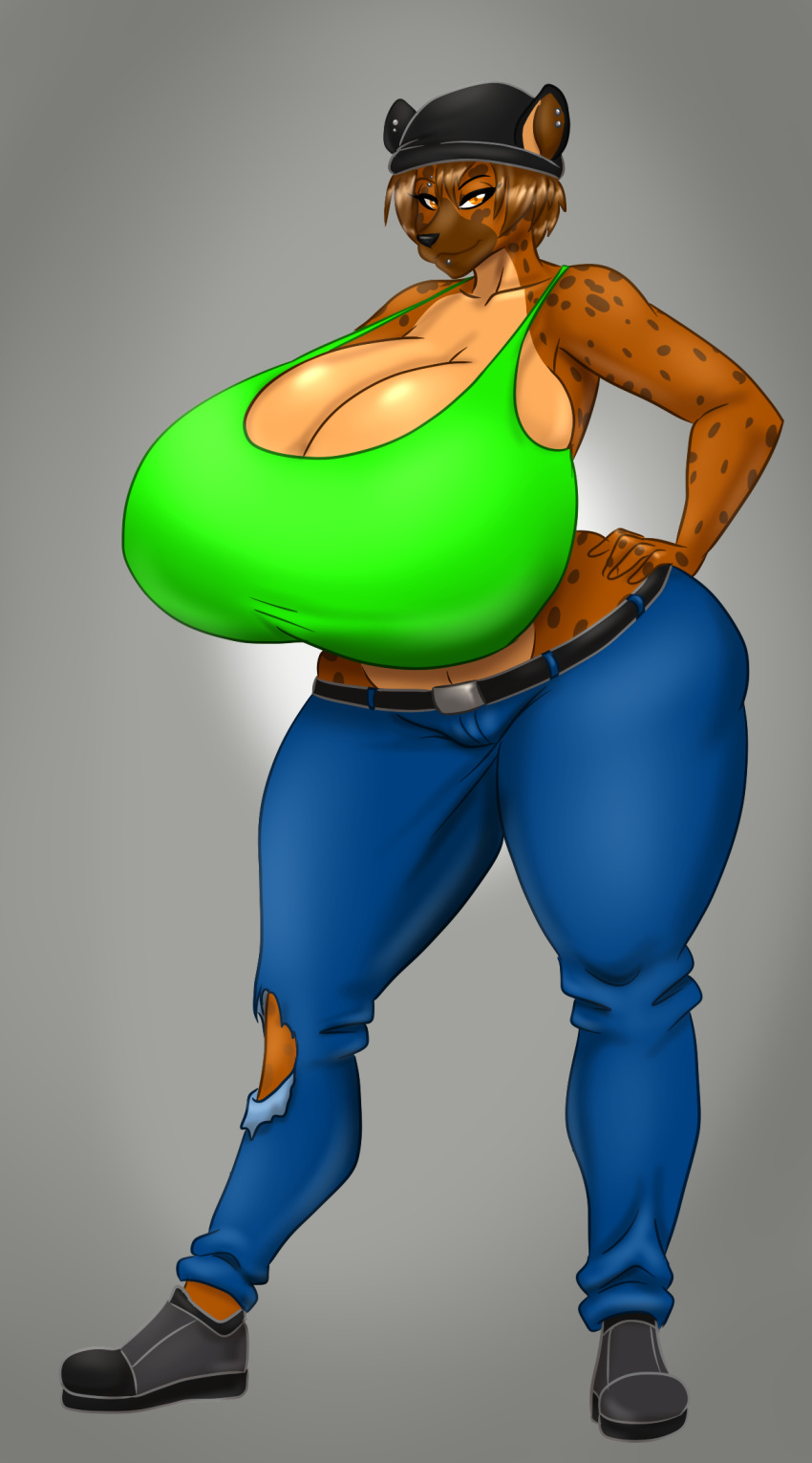 2020 anthro big_breasts blues64 bottomwear breasts cleavage clothed clothing ear_piercing female footwear fur hi_res huge_breasts hyaenid hyper hyper_breasts mammal marauder6272 pants piercing pinup plantigrade pose shirt shoes solo spots_(marking) tank_top topwear torn_clothing wide_hips