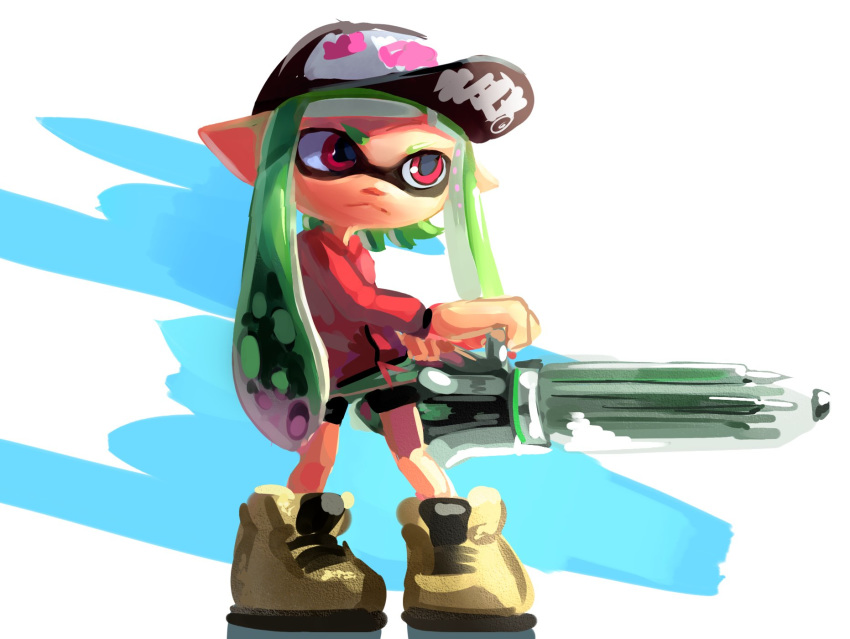 1girl ballpoint_splatling_(splatoon) baseball_cap bike_shorts black_headwear blue_background brown_footwear closed_mouth domino_mask flat_chest green_hair hat highres holding holding_weapon inkling jpeg_artifacts long_hair long_sleeves mask miitara pointy_ears red_eyes red_shirt shirt shoes simple_background sketch solo splatoon_(series) standing tentacle_hair tentacles twintails two-tone_background weapon