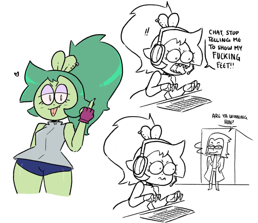 adult_fink anthro cartoon_network dialogue english_text female female_focus fink_(ok_k.o.!_lbh) fur gaming gesture green_body green_fur green_hair hair headphones hi_res human humor male mammal meme middle_finger murid murine ok_k.o.!_let's_be_heroes profanity professor_venomous rat rodent smoking solo_focus spats text toastiparty tongue tongue_out