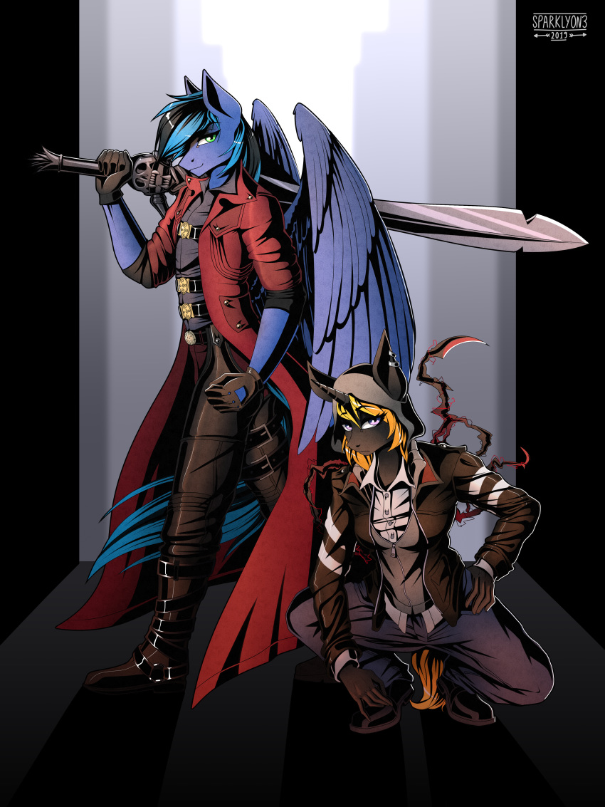 2019 absurd_res anthro black_body black_fur blonde_mane blue_body blue_feathers blue_fur blue_hair blue_tail blue_wings capcom clothing crouching devil_may_cry duo duster equid equine fan_character feathered_wings feathers female fur hair hasbro hi_res horn jacket leather_pants male mammal mane melee_weapon my_little_pony pegasus prototype_(game) sparklyon3 sword topwear unicorn video_games walking weapon wings yellow_tail
