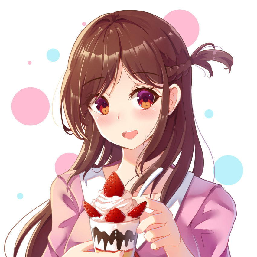 1girl :d bangs blush braid brown_hair collarbone collared_shirt eyebrows_visible_through_hair food fruit highres holmemee kanojo_okarishimasu long_hair looking_at_viewer mizuhara_chizuru one_side_up open_mouth parfait parted_bangs pink_shirt red_eyes shirt smile solo spoon strawberry upper_body upper_teeth white_background