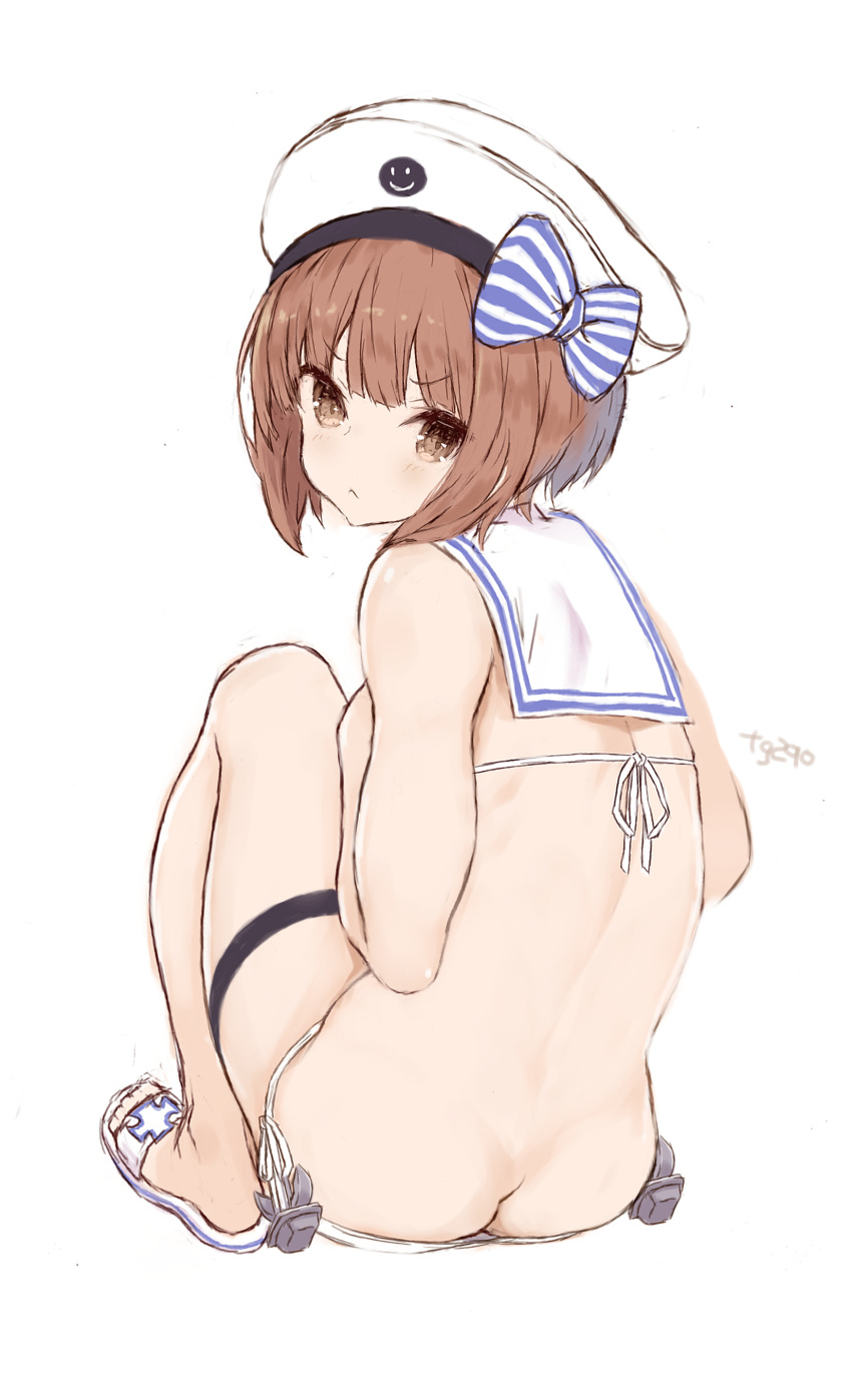 1girl :&lt; absurdres ass back bare_back bare_legs barefoot bikini blush brown_eyes brown_hair closed_mouth eyebrows_visible_through_hair full_body goekawa hat highres kantai_collection sailor_hat sandals short_hair signature simple_background solo swimsuit v-shaped_eyebrows white_background white_bikini white_headwear z3_max_schultz_(kantai_collection)