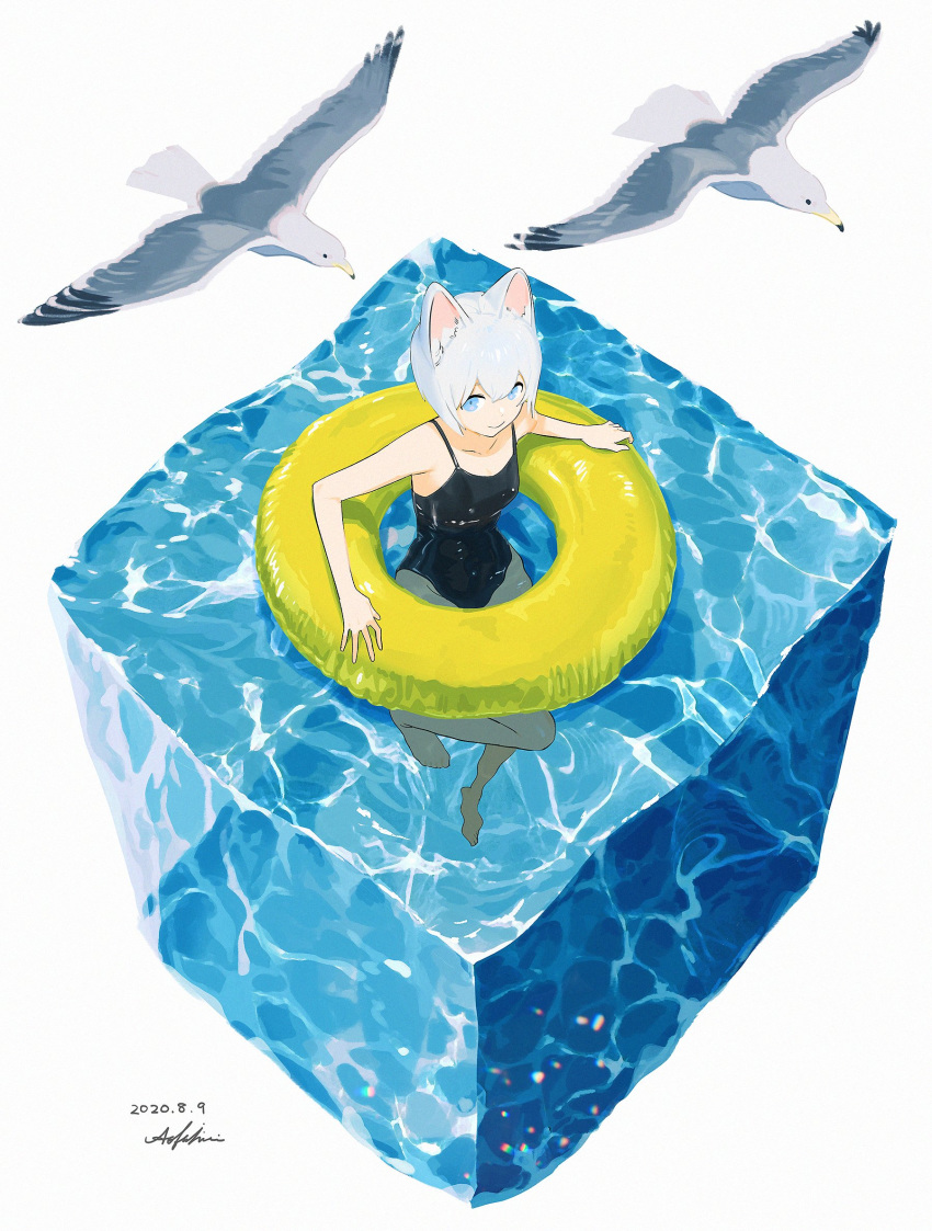 1girl animal_ears ao_fujimori bird blue_eyes cat_ears collarbone commentary_request cube dated highres innertube looking_at_viewer one-piece_swimsuit original seagull short_hair signature smile solo swimming swimsuit water white_hair