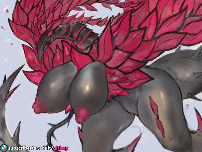 2020 4:3 anthro anthrofied big_breasts black_body black_rose_dragon breasts curvy_figure dragon female genitals girlsay huge_breasts konami nipples non-mammal_breasts nude pussy simple_background solo subscribestar text thick_thighs url voluptuous yu-gi-oh