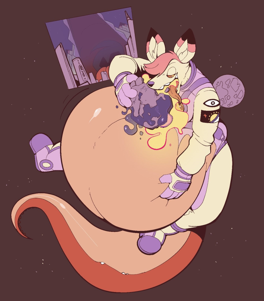 alien anthro belly big_belly bodily_fluids boot_(artist) breast_eyes canid canine female fox grabing_belly hi_res macro mammal marion_the_completely_normal_fox planet saliva solo space spacesuit tail_maw