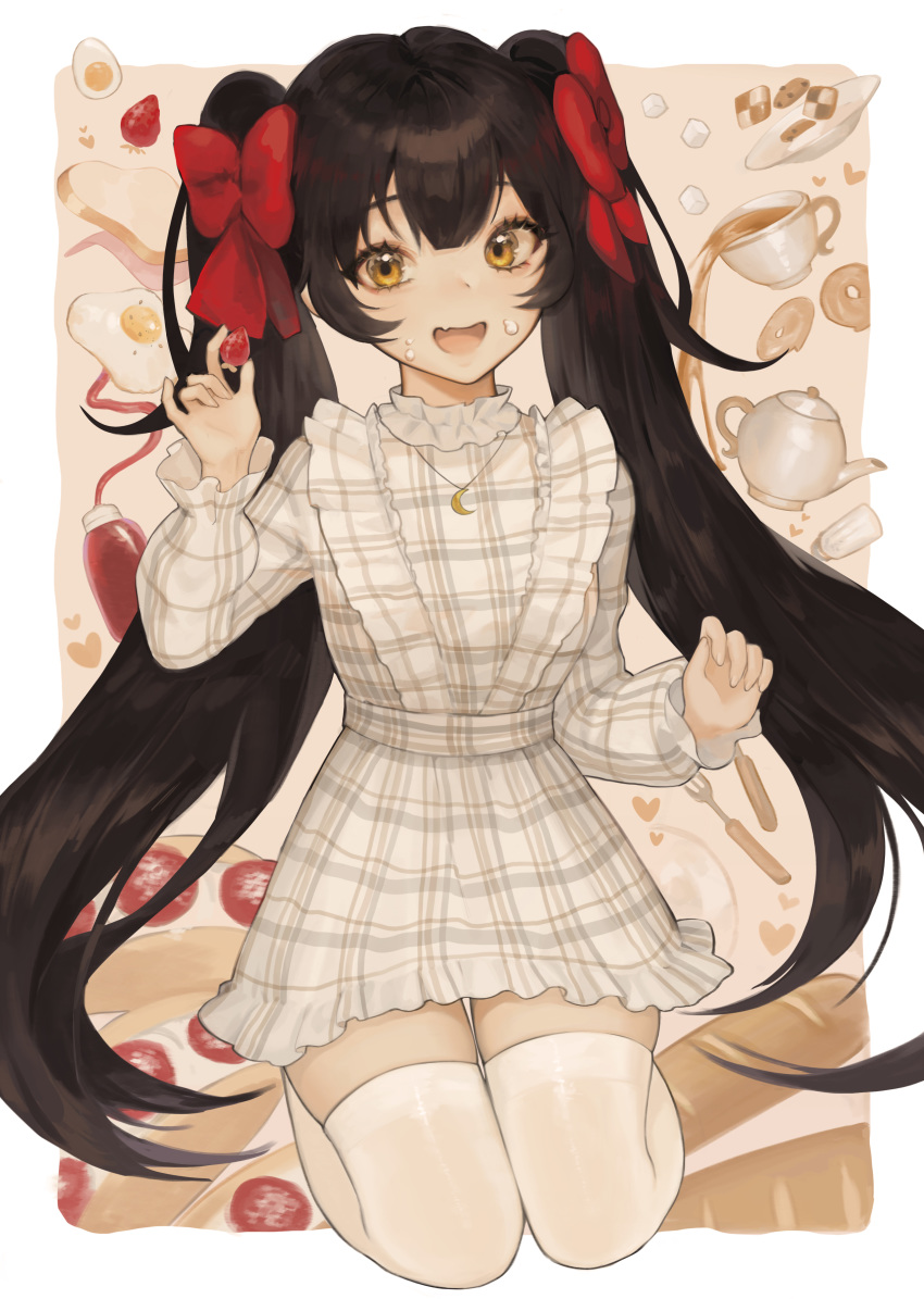 1girl :d absurdres black_hair border crescent_necklace cup dress fang food food_on_face fried_egg fruit girls_frontline hand_up highres holding holding_food holding_fruit jewelry long_hair long_sleeves looking_at_viewer necklace open_mouth oyabuli plaid plaid_dress qbz-97_(girls_frontline) short_dress skin_fang smile solo strawberry teacup teapot thighhighs toast twintails white_border white_dress white_legwear yellow_eyes