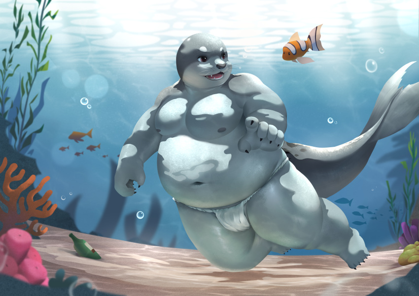 absurd_res anthro asian_clothing clothing east_asian_clothing fundoshi hi_res japanese_clothing male mammal marine overweight overweight_anthro overweight_male pawsve pinniped seal slightly_chubby solo swimming swimwear underwater underwear water