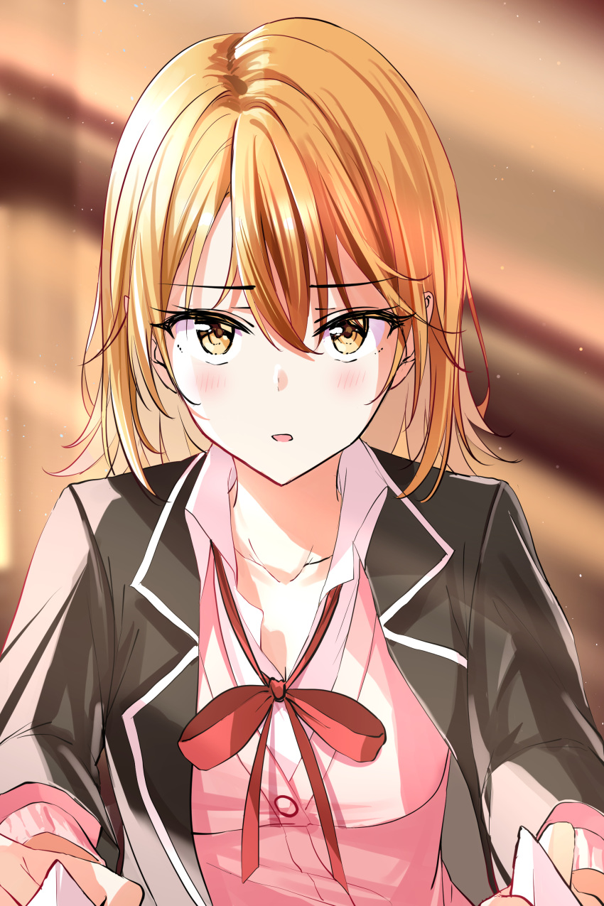 1girl :o absurdres adjusting_another's_clothes bangs black_jacket blurry blurry_background blush breasts brown_eyes cardigan cleavage collarbone commentary_request depth_of_field eyebrows_visible_through_hair hair_between_eyes highres isshiki_iroha jacket long_sleeves looking_at_viewer medium_breasts nobire open_clothes open_jacket open_mouth orange_hair pink_cardigan pov school_uniform short_hair solo upper_body wing_collar yahari_ore_no_seishun_lovecome_wa_machigatteiru.