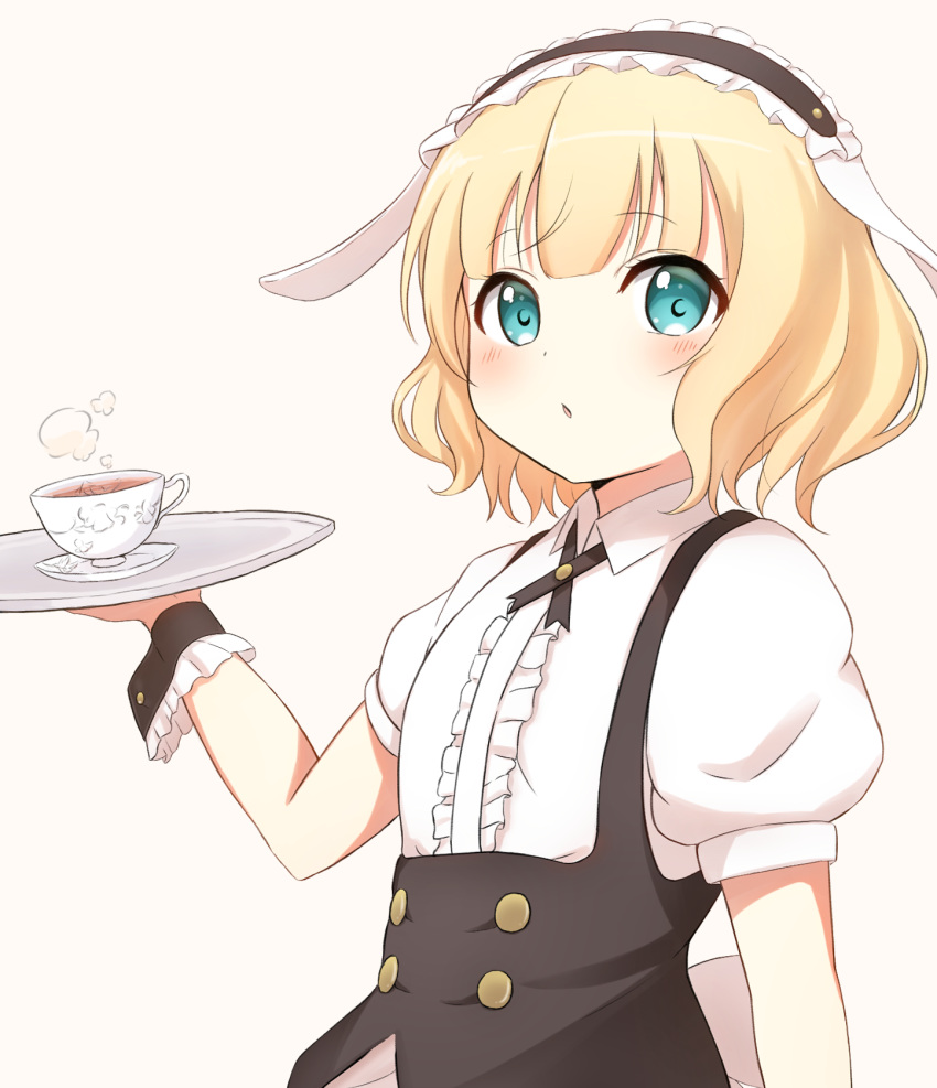 1girl :o animal_ears apron bangs black_apron black_hairband blonde_hair blunt_bangs blush bunny_ears center_frills collared_shirt commentary cup eyebrows eyebrows_visible_through_hair fake_animal_ears fleur_de_lapin_uniform floppy_ears frilled_hairband frills gochuumon_wa_usagi_desu_ka? green_eyes hairband highres holding holding_tray kirima_sharo looking_at_viewer minatsuki_hitoka puffy_short_sleeves puffy_sleeves saucer shirt short_hair short_sleeves simple_background solo standing steam tea teacup tray upper_body waitress wavy_hair white_background white_shirt wrist_cuffs