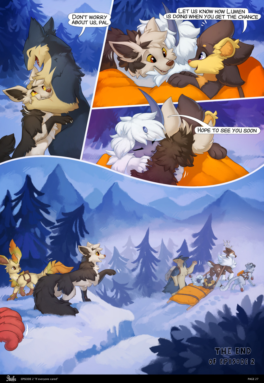 2020 9tales_comic absol alolan_persian blue_eyes breanna_(9tales) brown_body brown_eyes brown_fur canid cervid comic dean_(9tales) dialogue digital_media_(artwork) digitigrade eeveelution english_text erin_(9tales) fallie_(9tales) fangs felicity_(9tales) felid feline female feral fluffy fur group hi_res hioshiru hooves horn kalani_(9tales) kejifox leafeon luxray male mammal mightyena morning nintendo outside pawpads pex_(9tales) pok&eacute;mon pok&eacute;mon_(species) quadruped red_eyes regional_form_(pok&eacute;mon) sammy_(9tales) sawsbuck sled snow speech_bubble text typhlosion video_games vulpix white_body white_fur winter_sawsbuck