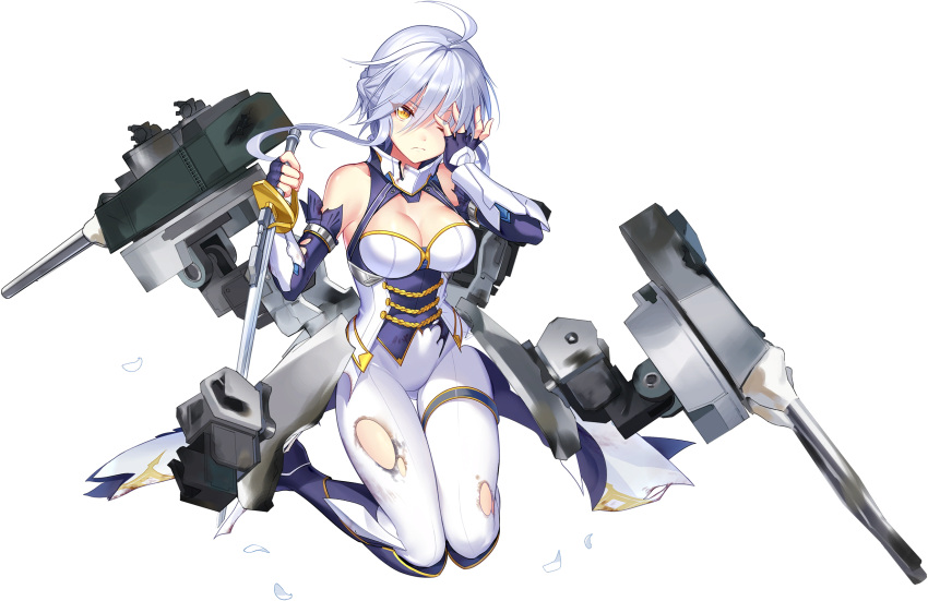 1girl ahoge aiguillette bangs bare_shoulders blue_oath boots braid breasts cannon cleavage closed_mouth damaged detached_sleeves eyebrows_visible_through_hair fingerless_gloves full_body gauntlets gloves hair_between_eyes heterochromia highres holding holding_sword holding_weapon knee_boots kneeling large_breasts long_hair looking_at_viewer official_art pants rigging rudder_footwear sidelocks silver_hair sleeveless slit_pupils solo sword tachi-e thigh_strap torn_cloths transparent_background turret warspite_(blue_oath) weapon white_pants yellow_eyes