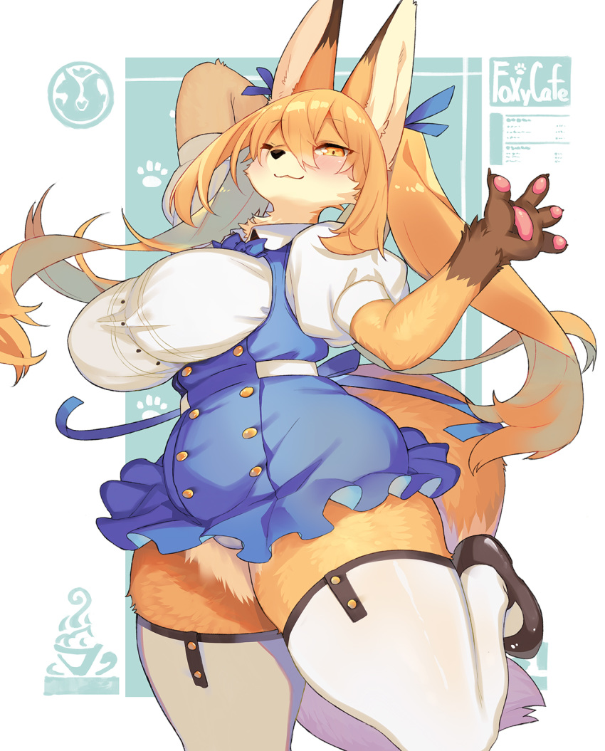 :3 anthro big_breasts blonde_hair blue_clothing blue_dress blush breasts brown_body brown_fur camel_toe canid canine cheek_tuft clothed clothing curvaceous curvy_figure dipstick_ears dress english_text facial_tuft female finger_claws footwear fox fully_clothed fur gloves_(marking) hair hand_behind_head hi_res huge_breasts kemono kishibe legwear long_ears long_hair looking_at_viewer mammal markings monotone_hair multicolored_body multicolored_ears multicolored_fur one_eye_closed panties pawpads paws pigtails pink_pawpads shirt shoes smile solo standing tan_body tan_fur text thick_thighs thigh_highs topwear tuft underwear upskirt voluptuous white_clothing white_shirt white_topwear wide_hips wink yellow_body yellow_eyes yellow_fur