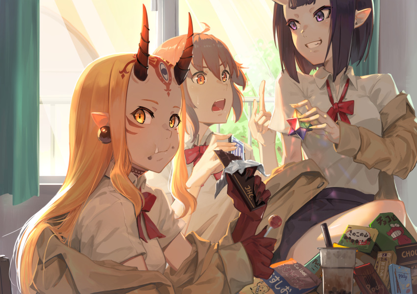 3girls bangs black_skirt blazer blonde_hair bow brown_eyes brown_hair brown_jacket bubble_tea candy chocolate chocolate_bar closed_mouth collared_shirt commentary cup curtains disposable_cup drinking_straw eating eyebrows_behind_hair eyebrows_visible_through_hair facial_mark fang fang_out fate/grand_order fate_(series) food food_on_face forehead_mark fujimaru_ritsuka_(female) grin hair_between_eyes highres holding holding_candy holding_food holding_lollipop horns ibaraki_douji_(fate/grand_order) indoors jacket jhc_kai lollipop multiple_girls off_shoulder oni oni_horns open_blazer open_clothes open_jacket open_mouth orange_eyes purple_eyes purple_hair red_bow saint_quartz school_uniform shirt short_eyebrows short_sleeves shuten_douji_(fate/grand_order) skirt smile thick_eyebrows v-shaped_eyebrows white_shirt window