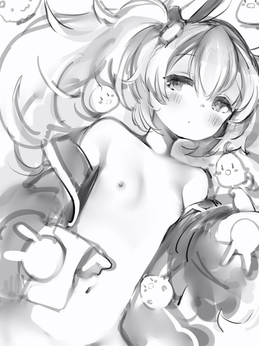 1girl azur_lane bird blush breasts chick closed_mouth greyscale hair_ornament highres laffey_(azur_lane) long_hair long_sleeves looking_at_viewer lying monochrome nanashi_(nlo74593630) navel nipples off_shoulder on_back small_breasts solo twintails