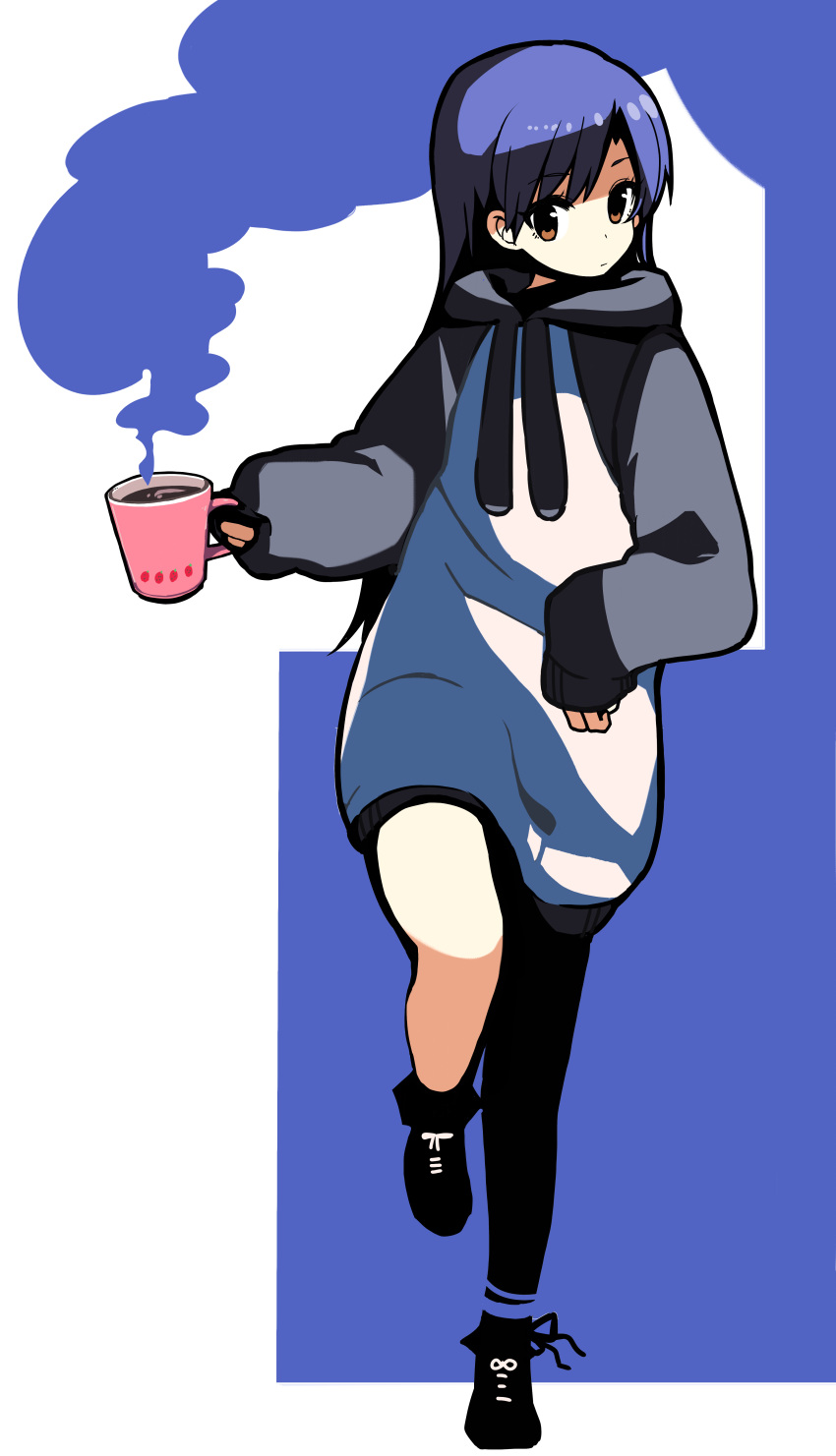 1girl absurdres baggy_clothes black_footwear blue_hair brown_eyes closed_mouth coffee coffee_mug commentary_request cup full_body highres holding holding_cup hood hoodie idolmaster idolmaster_(classic) kisaragi_chihaya kurumitsu long_hair mug shoes sleeves_past_wrists solo standing standing_on_one_leg steam two-tone_background