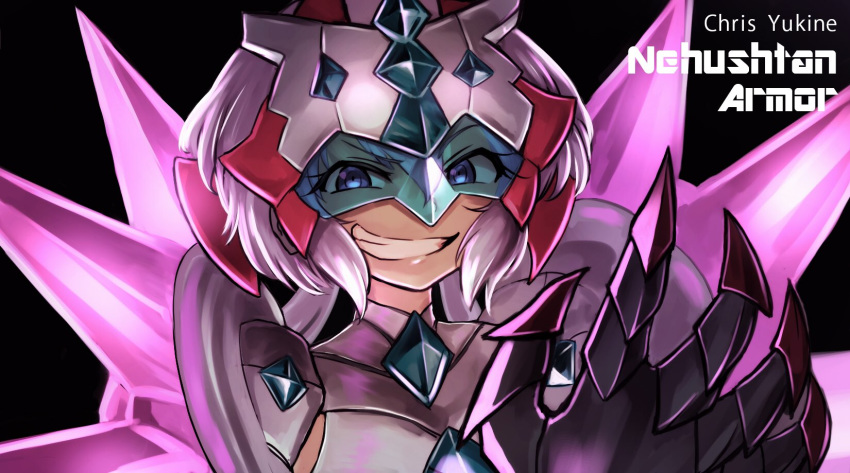 1girl armor black_background character_name chupirinko clawed_gauntlets commentary english_text gauntlets gloves goggles goggles_around_neck half-closed_eyes headgear highres long_hair looking_at_viewer pauldrons pink_hair purple_eyes purple_gloves senki_zesshou_symphogear senki_zesshou_symphogear_xd_unlimited shoulder_armor smirk solo spikes twintails v-shaped_eyebrows yukine_chris