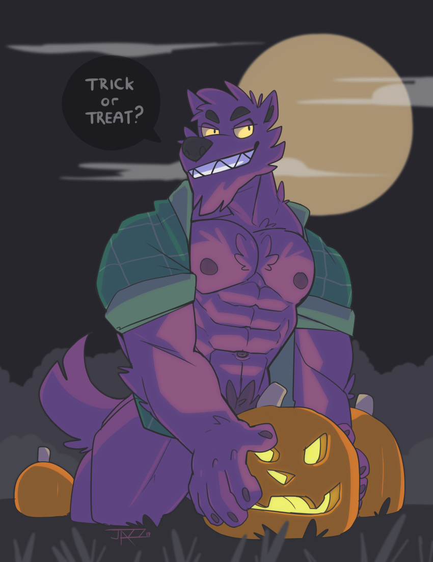 2018 5_fingers abs absurd_res anthro bernard_(ok_k.o.!_lbh) bottomless canid canine canis cartoon_network chest_tuft clothed clothing cloud dialogue english_text fingers flannel food fruit full_moon fur grin hi_res jack-o'-lantern jazzwolf kneeling male mammal moon muscular muscular_anthro muscular_male navel night nipples ok_k.o.!_let's_be_heroes open_shirt pecs plant pubes pumpkin purple_body purple_fur sharp_teeth shirt smile solo speech_bubble teeth text topwear tuft wolf yellow_sclera