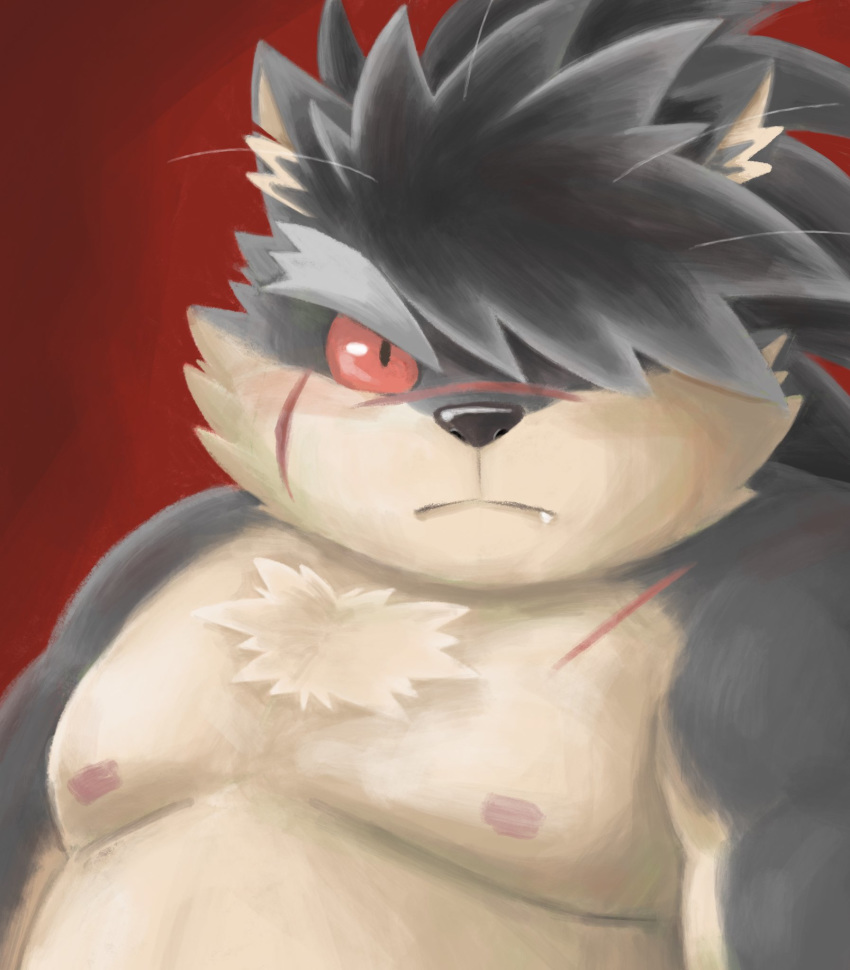 2020 anthro belly black_nose blush canid canine canis cute_fangs domestic_dog hi_res kemono male mammal mind_drive mizuse_higomaru moobs nipples overweight overweight_anthro overweight_male red_background scar shino_(housamo) simple_background solo tokyo_afterschool_summoners video_games