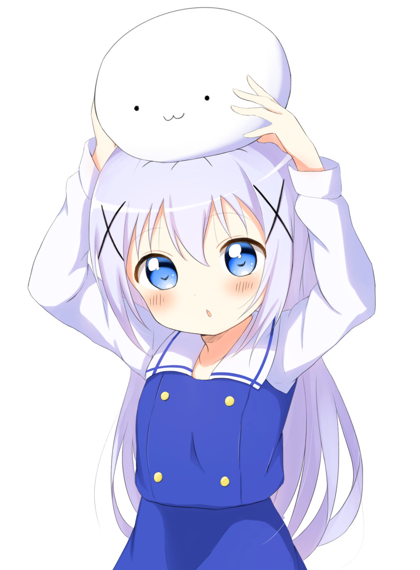 1girl :3 angora_rabbit animal_on_head arms_up blue_dress blue_eyes blush bunny chestnut_mouth commentary_request dress gochuumon_wa_usagi_desu_ka? hair_between_eyes hair_ornament highres kafuu_chino kafuu_chino's_school_uniform long_hair looking_at_viewer minatsuki_hitoka on_head purple_hair sailor_collar sailor_dress school_uniform shirt simple_background standing tippy_(gochiusa) upper_body very_long_hair white_background white_sailor_collar white_shirt x_hair_ornament