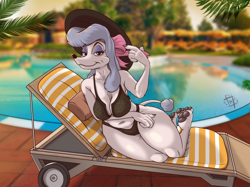 4:3 anthro bedroom_eyes belly big_breasts bikini biped blue_body blue_fur blue_hair breasts canid canine canis claws clothed clothing crow's_feet curvy_figure disney domestic_dog eyelashes eyeshadow female fur georgette_(disney) hair half-closed_eyes hat headgear headwear hi_res hyenatig_(artist) looking_at_viewer makeup mammal mature_female narrowed_eyes navel old oliver_and_company partially_clothed pawpads pinup poodle pool_(disambiguation) poolside pose ribbons seductive slightly_chubby smile solo swimwear white_body white_fur wide_hips