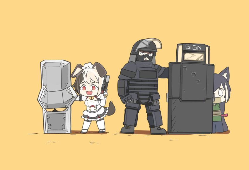 1boy 2girls animal_ears balaclava bell bell_collar blonde_hair bound brown_hair bulletproof_vest chibi collar dog_ears dog_girl dog_tail dress elbow_gloves fang full_body gagged gilles_toure gloves gun hachiko_of_castling handgun helmet highres hostage karyl_(princess_connect!) last_origin looking_at_viewer maid_headdress multicolored_hair multiple_girls open_mouth pistol princess_connect! princess_connect!_re:dive rainbow_six_siege riot_shield rope simple_background smile tactical_clothes tail thighhighs tied_up tungtunggugu two-tone_hair weapon white_gloves white_legwear yellow_background