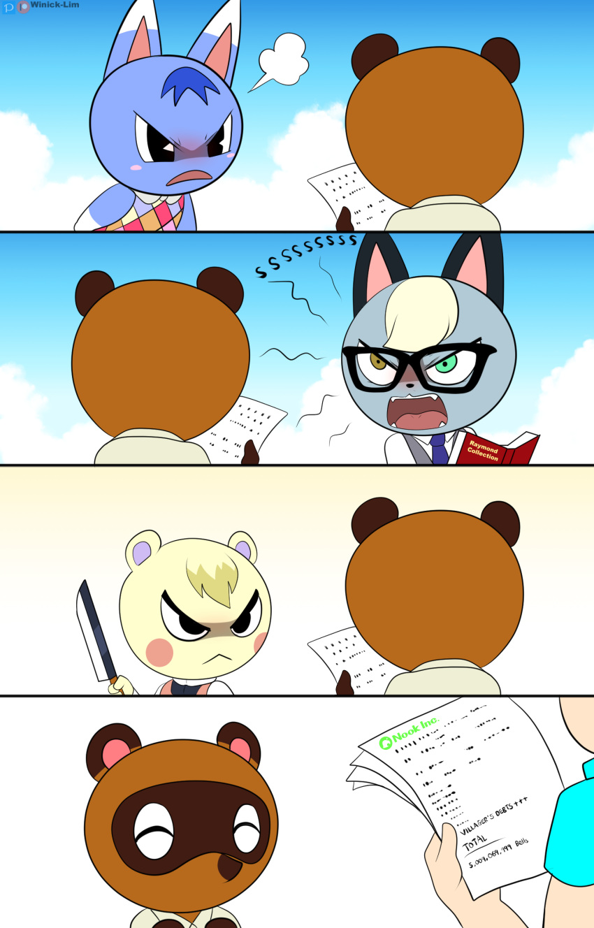 2020 4koma absurd_res ambiguous_gender angry animal_crossing black_eyes black_nose blue_body blue_clothing blue_fur blue_hair blue_topwear blush book brown_body brown_fur brown_nose checkered_clothing checkered_topwear clothing comic dipstick_ears domestic_cat eyes_closed eyewear faceless_ambiguous faceless_character fangs felid feline felis female frown fur glasses gradient_background green_eyes grey_body grey_clothing grey_fur grey_topwear hair heterochromia hi_res holding_book holding_knife holding_object holding_paper holding_weapon human knife male mammal marshal_(animal_crossing) multicolored_ears necktie nintendo onomatopoeia open_mouth outside pattern_clothing pink_cheeks polo_shirt raymond_(animal_crossing) rodent rosie_(animal_crossing) sciurid shirt simple_background sky sound_effects tan_background tan_body tan_fur tan_hair text threatening tom_nook_(animal_crossing) topwear vest video_games weapon white_background white_body white_clothing white_fur white_topwear winick-lim yellow_eyes