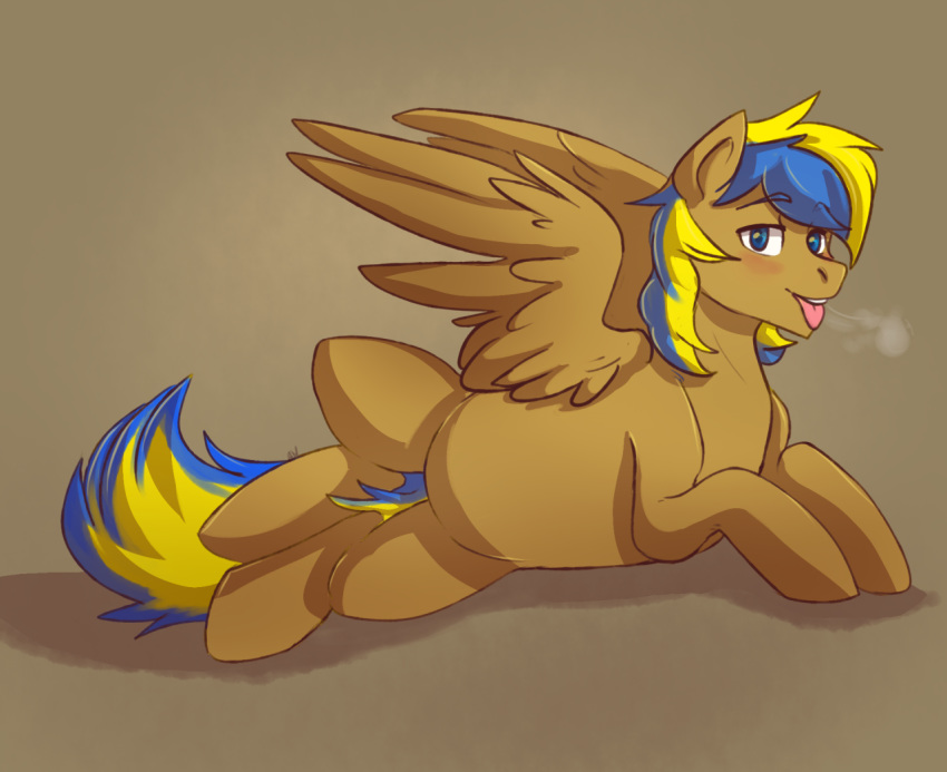 2015 blonde_mane blue_mane blue_tail breath brown_body brown_feathers brown_wings equid equine fan_character feathered_wings feathers feral fur hasbro lying male mammal mane multicolored_mane multicolored_tail my_little_pony on_side pegasus ponsex simple_background solo tan_body tan_fur tongue tongue_out wings yellow_tail