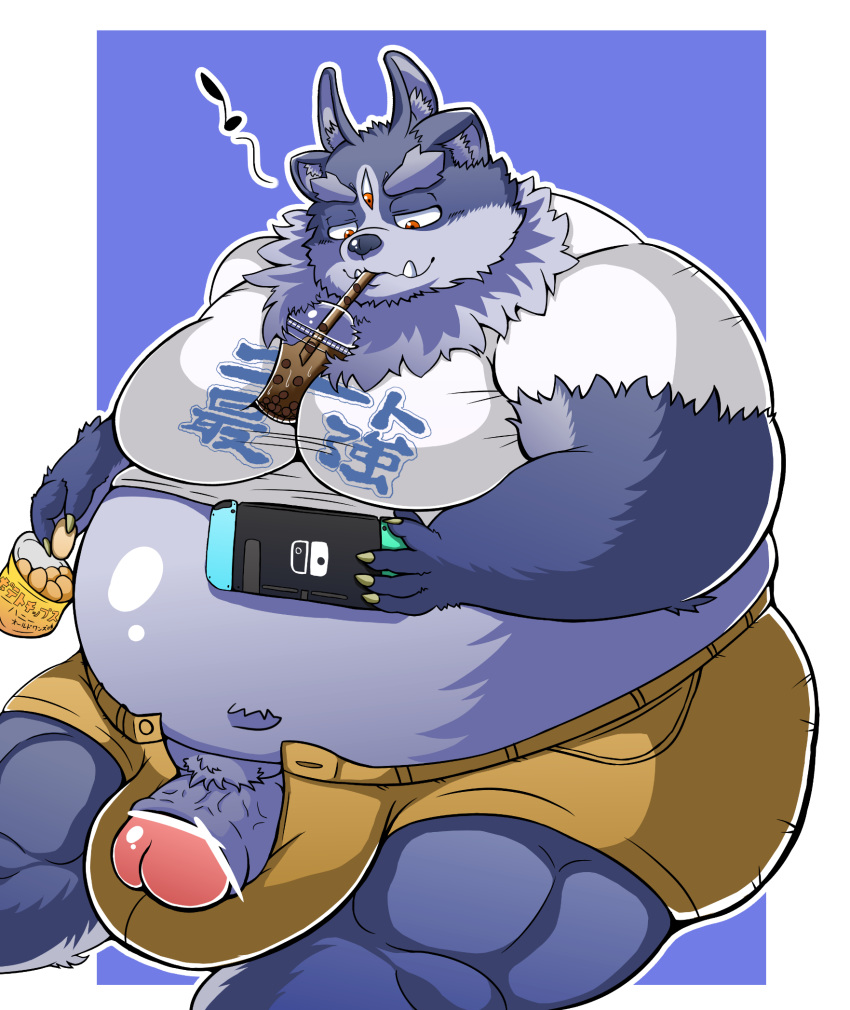 2020 anthro belly beverage bottomwear bubble_tea bulge clothing genitals hi_res kemono male nintendo nintendo_switch obese obese_anthro obese_male overweight overweight_anthro overweight_male penis shirt shorts sitting solo tdph2dubnoxxthu tokyo_afterschool_summoners topwear tsathoggua video_games