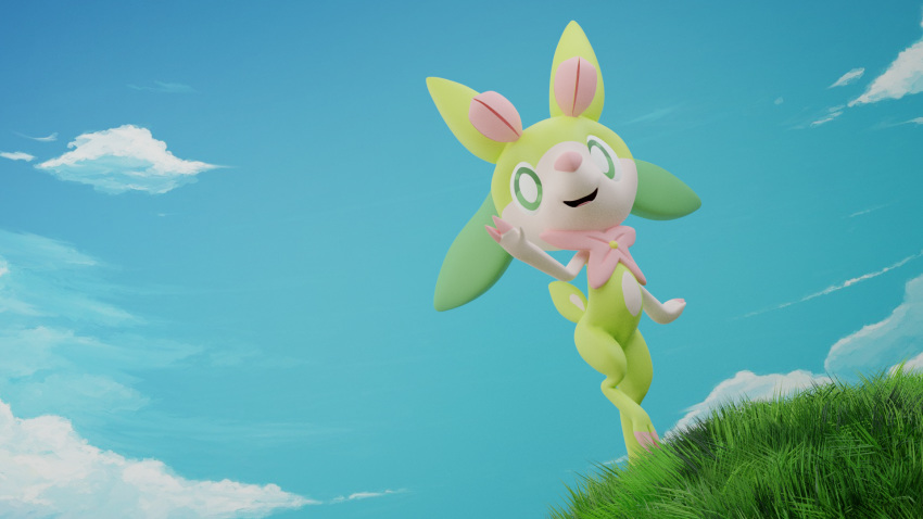 16:9 anthro blue_sky deerfae detailed_background elemental_creature fak&eacute;mon female flora_fauna grass hi_res humanoid nintendo pink_flower piporete plant pok&eacute;mon pre-evolution sky smiling_at_viewer solo solo_focus video_games widescreen