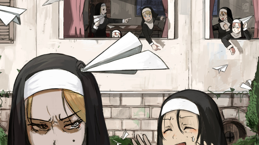 absurdres bangs blonde_hair blue_eyes brick_wall catholic desk diva_(hyxpk) glasses grass habit highres ivy long_hair long_sleeves mole mole_under_eye multiple_girls nun open_mouth original paper_airplane plant short_hair sweat turn_pale window