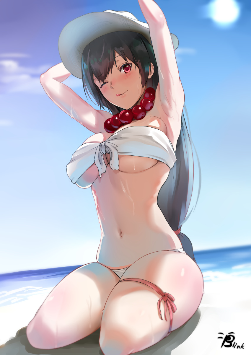 1girl absurdres arm_behind_head armpits arms_up artist_name bandeau bangs beach bead_necklace beads bikini black_hair blinkblink_art blue_sky blush breasts cleavage closed_mouth cloud fate/grand_order fate_(series) front-tie_top hat highres jewelry licking_lips long_hair looking_at_viewer navel necklace ocean one_eye_closed prayer_beads red_eyes revision sand seiza sitting sky stomach strapless strapless_bikini sun sun_hat sweat swimsuit thigh_strap thighs tongue tongue_out underboob very_long_hair water wet white_bikini white_headwear xuanzang_(fate/grand_order)