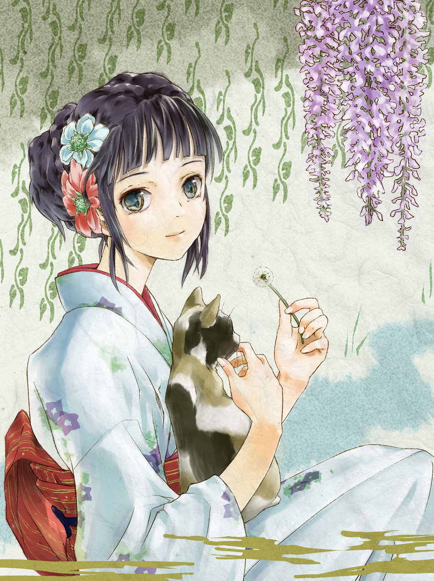 black_eyes black_hair cat dandelion flower hair_flower hair_ornament highres japanese_clothes kimono original satou_kou smile solo wisteria