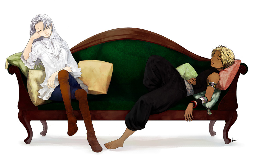 1girl armband bad_id bad_pixiv_id barefoot boots chris_lightfellow closed_eyes couch dark_skin gensou_suikoden gensou_suikoden_iii highres hugo_(suikoden_iii) katsura_(+araka) long_hair pants parachute_pants pillow silver_hair sitting sleeping thigh_boots thighhighs