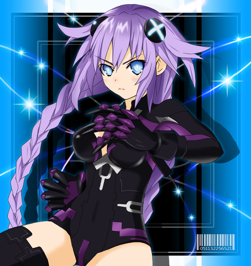 1girl black_heart blue_eyes bodysuit braid breasts choujigen_game_neptune cleavage compile_heart female gust hair_ornament highres hiromix idea_factory leotard long_hair neptune neptune_(choujigen_game_neptune) neptune_(series) nippon_ichi purple_hair purple_heart sega solo super_dimension_game_neptune symbol-shaped_pupils thigh-highs thighhighs twin_braids
