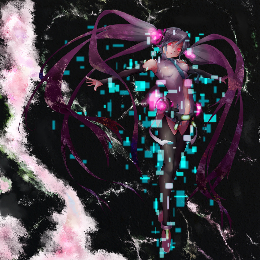 bridal_gauntlets detached_sleeves hatsune_miku hatsune_miku_(append) highres kuku_px long_hair navel necktie purple_hair rectangle red_eyes solo twintails very_long_hair vocaloid vocaloid_append