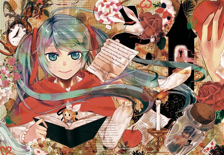 3girls alice_(wonderland) alice_(wonderland)_(cosplay) alice_in_wonderland apple aqua_eyes aqua_hair blonde_hair blue_hair book bug bunny butterfly candle candy cape card chibi clock cosplay fingernails fire flame floating_card flower food fruit hat hatsune_miku highres holding insect jar kagamine_rin kaito little_red_riding_hood little_red_riding_hood_(grimm) little_red_riding_hood_(grimm)_(cosplay) lollipop long_hair megurine_luka multiple_girls nail_polish paper rapunzel rapunzel_(grimm) red_flower red_rose rose short_hair smile twintails very_long_hair vient vocaloid