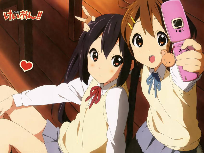 black_hair brown_hair cellphone cellphone_charm highres hirasawa_yui horiguchi_yukiko k-on! multiple_girls nakano_azusa phone reference_work school_uniform twintails v