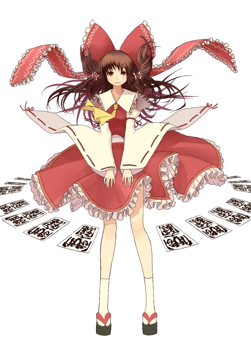 bad_id bad_pixiv_id bow brown_eyes brown_hair detached_sleeves hair_bow hakurei_reimu highres kansou_samehada long_hair solo touhou