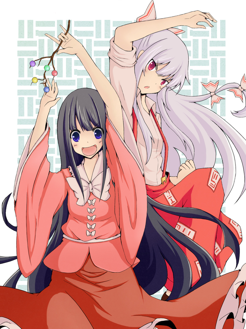 arm_up arms_up basketweave black_hair blush branch daigorou fujiwara_no_mokou highres houraisan_kaguya jeweled_branch_of_hourai long_hair multiple_girls open_mouth pink_eyes purple_eyes smile suspenders touhou very_long_hair