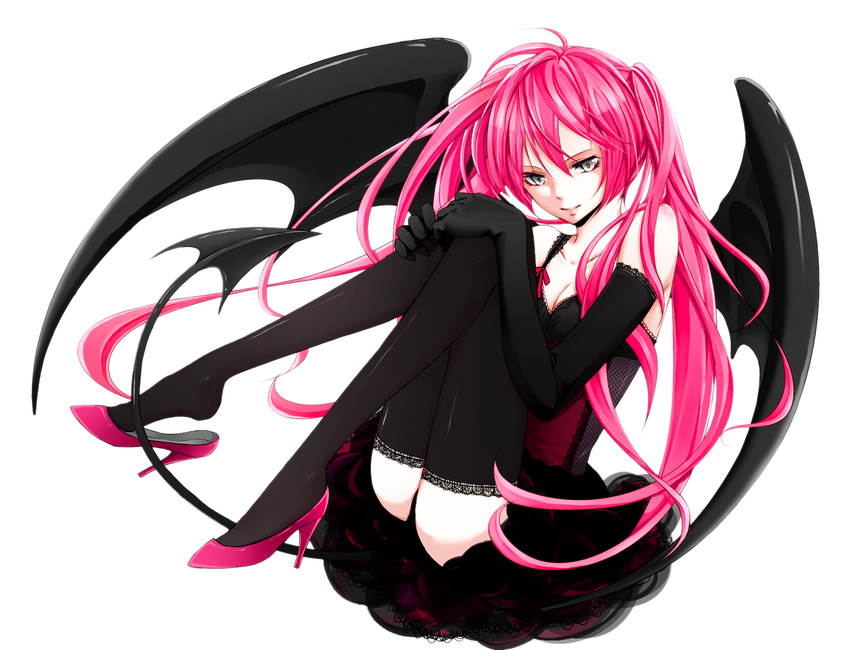 artist_request bare_shoulders black_legwear colored_eyelashes demon_girl demon_tail demon_wings elbow_gloves eyelashes gloves gothic_lolita high_heels highres lace lace-trimmed_thighhighs leg_hug legs lolita_fashion long_hair original pink_hair shoe_dangle shoes silver_eyes sitting smile solo tail thighhighs twintails wings
