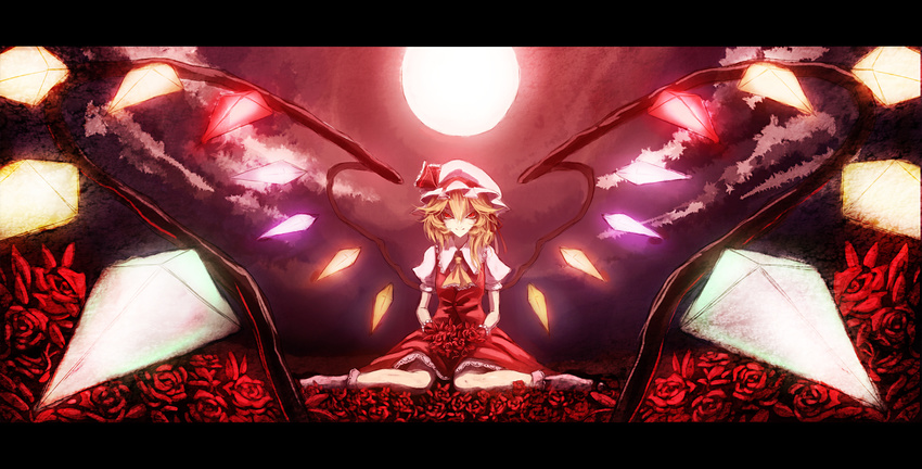 bad_id bad_pixiv_id banned_artist blonde_hair bouquet cloud flandre_scarlet flower hat highres letterboxed moon parody paseri red_eyes rose sitting sky smile smirk socks solo style_parody symmetry touhou wariza wings