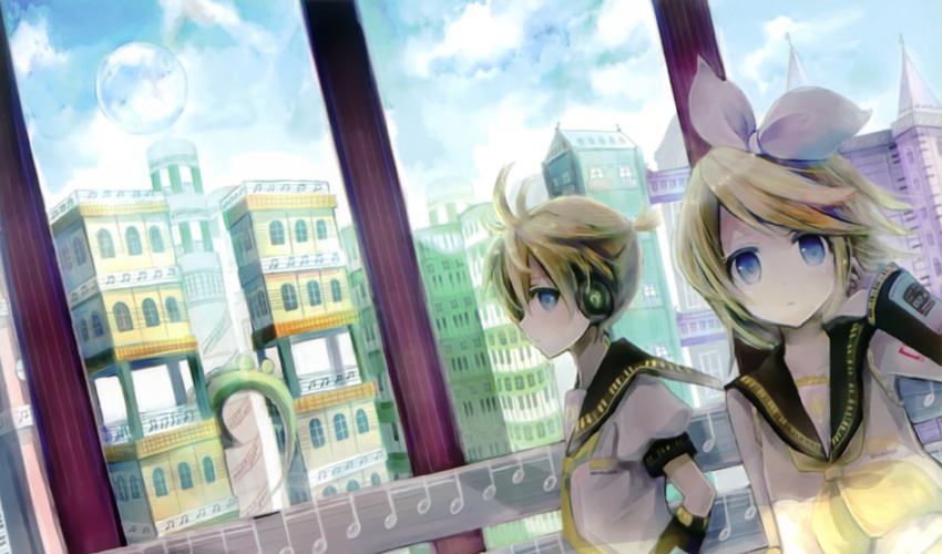 1girl aqua_eyes bad_id bad_pixiv_id blonde_hair blush brother_and_sister building city cityscape cloud day detached_sleeves hair_ribbon headphones highres kagamine_len kagamine_rin necktie ponytail ribbon sailor_collar scenery short_hair siblings sky twins usui_(tripcube) vocaloid yellow_neckwear