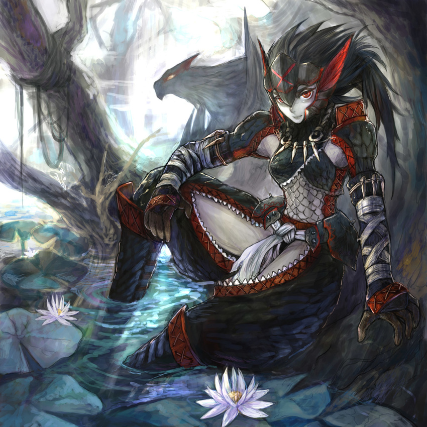 animal_ears armor bad_id bad_pixiv_id bandages black_hair breasts dragon fishnets gloves hairband highres jewelry kalan long_hair medium_breasts midriff monster_hunter nargacuga nargacuga_(armor) necklace pale_skin red_eyes sitting smile water wyvern