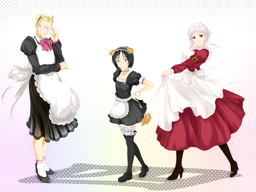 2boys alternate_costume animal_ears apron black_legwear bleach blonde_hair crossdressing curtsey dog_ears dog_tail enmaided glasses high_heels highres iemura_yasochika kemonomimi_mode kotetsu_isane maid maid_headdress multiple_boys opaque_glasses pantyhose rokujou_jun shoes short_hair short_hair_with_long_locks silver_hair socks tail thighhighs waist_apron yamada_hanatarou