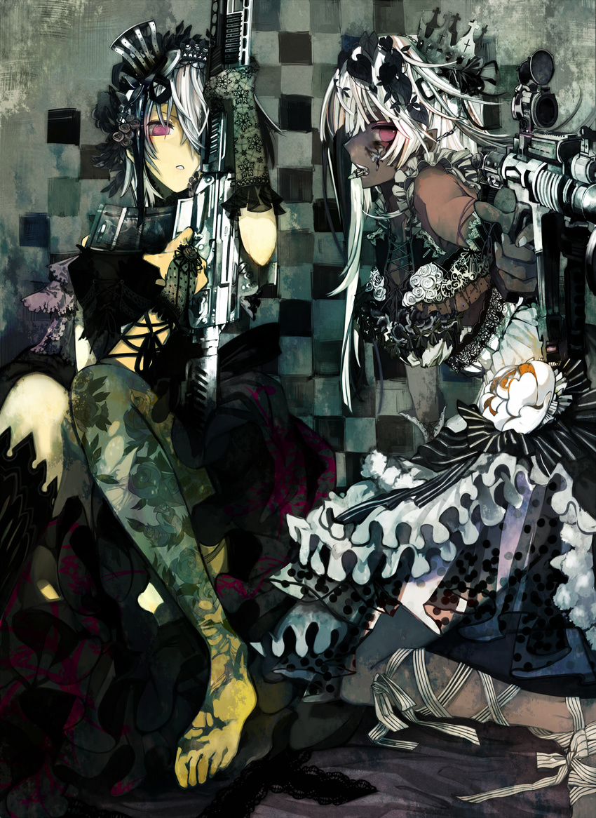 absurdres aiming barefoot black_vs_white bridal_gauntlets bullet checkered checkered_background crown dark_skin dress flower frills gloves gothic gun hair_ornament hair_over_one_eye hat highres kneeling long_hair mini_hat mini_top_hat mouth_hold multiple_girls original pink_eyes profile rifle siblings silver_hair sisters sitting sniper_rifle top_hat twins ukai_saki weapon white_hair