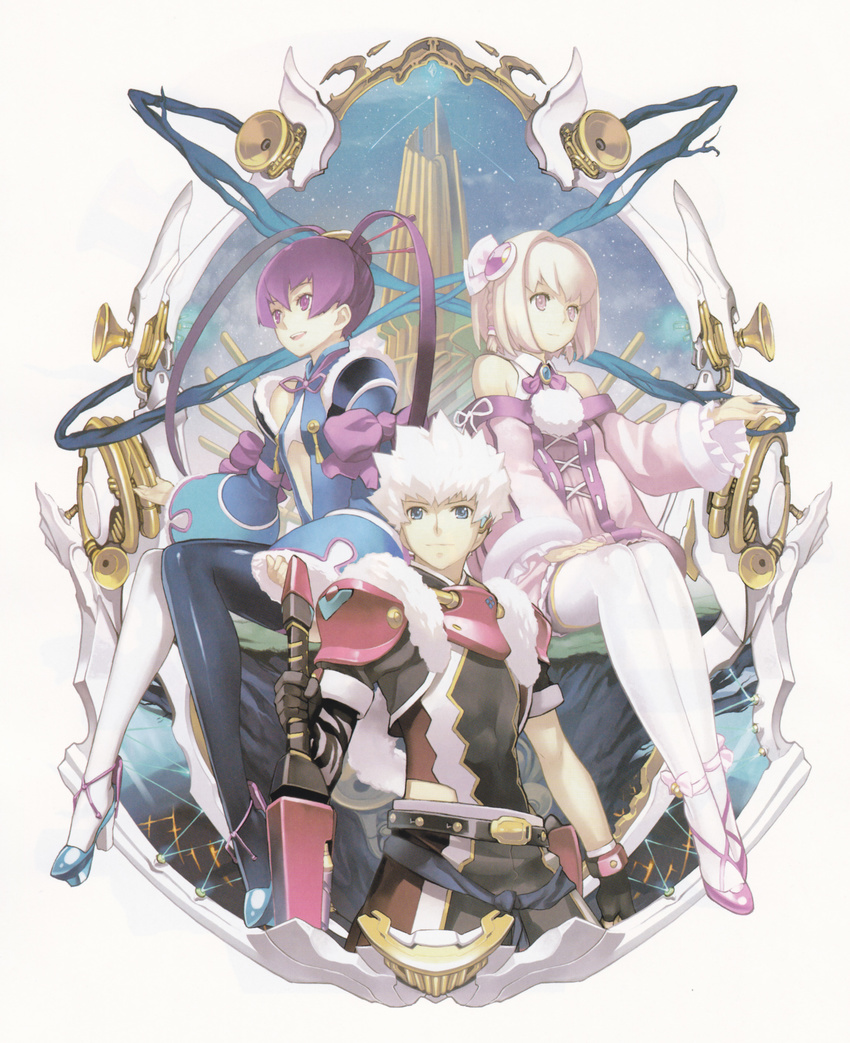 2girls absurdres aoto_(ar_tonelico) ar_tonelico ar_tonelico_iii blonde_hair blue_eyes braid fingerless_gloves finnel gloves hair_ornament highres multiple_girls nagi_ryou official_art pantyhose pink_eyes purple_eyes purple_hair saki_(ar_tonelico) scan white_hair