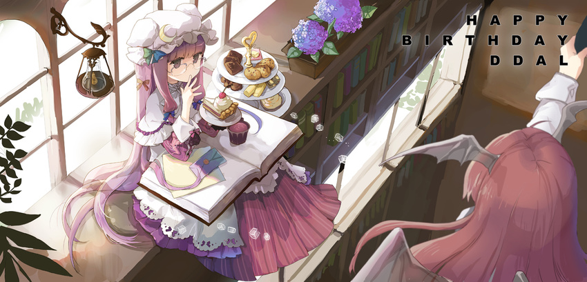 anmi bat_wings bespectacled book cake food glasses hat head_wings koakuma long_hair multiple_girls patchouli_knowledge purple_hair red_hair sitting touhou wings