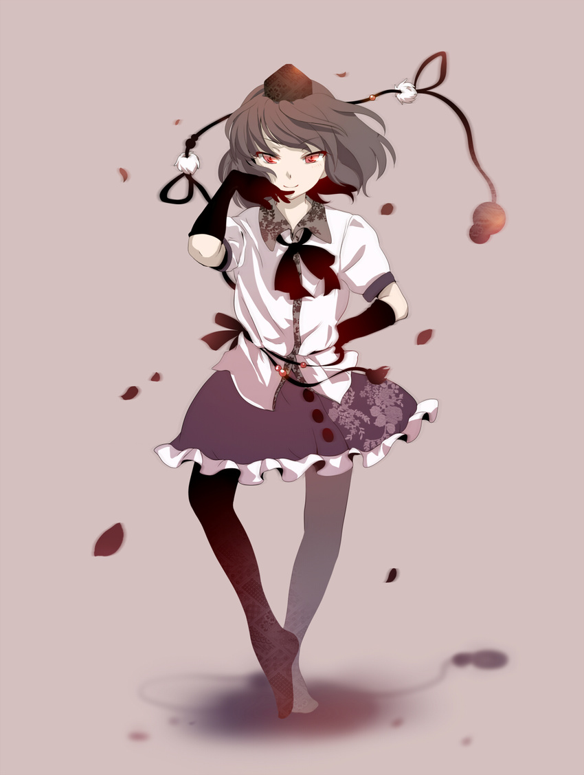 dress gloves grin hand_on_hip pantyhose petals red_eyes ribbon shameimaru_aya tokin_hat